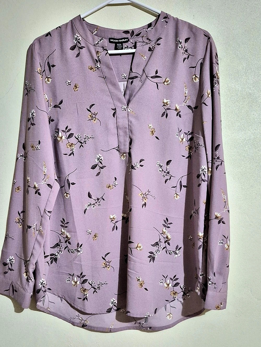 Hilary Radley Women's Printed Long Sleeve Blouse Floral Purple Medium